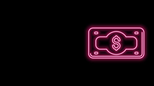 Glowing neon line Stacks paper money cash icon isolated on black background. Money banknotes stacks. Bill currency. 4K Video motion graphic animation