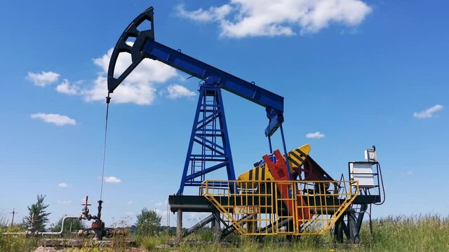 Oil Drilling Rig, Extraction of Oil, Pump Jack and Oil Wellhead, Industry Equipment Close Up, Oilfield, Oil Derrick