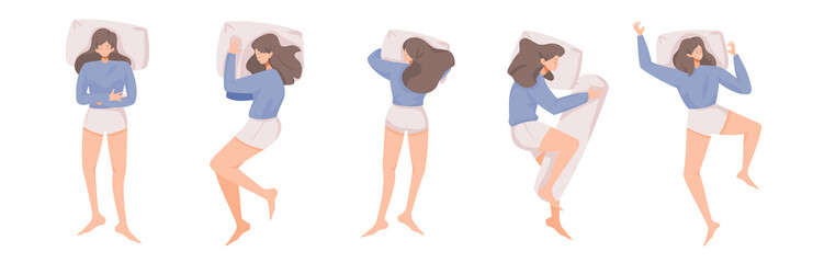 set of young woman sleeping in different postures. concept of  sleeping at night, dreaming, comfortable, and relaxing, Flat vector cartoon illustration - obrazy, fototapety, plakaty