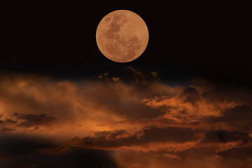 Lunar eclipse with clouds in the dark night.