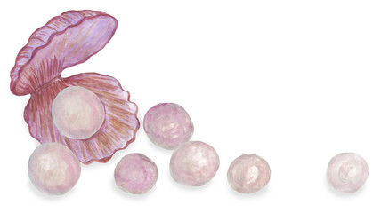 Seashell with pearls scattered around. Watercolor illustration with copy space