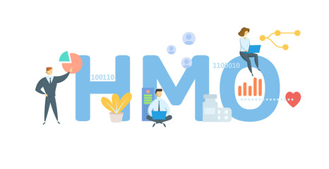 HMO, Health Maintenance Organization. Concept with keyword, people and icons. Flat vector illustration. Isolated on white.