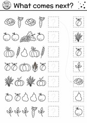 What comes next. Matching black and white activity for kids with autumn fruit and vegetables. Line fall puzzle. Logical worksheet with harvest. Thanksgiving continue the row game..