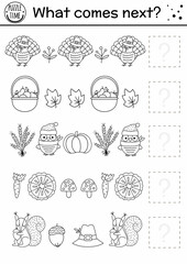 What comes next. Thanksgiving black and white matching activity for preschool children with traditional holiday symbols. Line autumn puzzle. Fall worksheet. Continue the row game or coloring page.