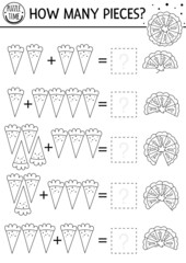 How many pieces line game with cute pumpkin pie. Autumn black and white Thanksgiving math addition activity for preschool kids. Printable simple counting worksheet with fall holiday food.