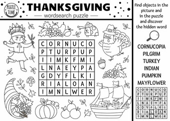 Vector Thanksgiving black and white wordsearch puzzle for kids. Simple line autumn camp crossword with traditional symbols. Coloring keyword activity with turkey, pilgrim, pumpkin, American..