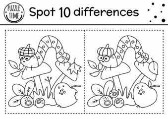 Find differences line game for kids. Black and white autumn forest activity with caterpillar and mushroom. Printable worksheet with cute insect. Woodland puzzle. Fall preschool sheet.