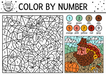 Vector Thanksgiving color by number activity with turkey and pumpkin in the field. Autumn holiday counting game with cute bird. Funny fall or farm coloring page for kids. .