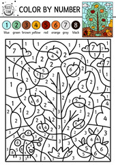 Vector garden color by number activity with apple tree and ladybug in the field. Autumn holiday counting game with cute ladybird and harvest. Funny fall or farm coloring page for kids. .