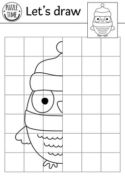 Complete the owl picture. Vector forest symmetrical drawing practice worksheet. Printable black and white activity for preschool kids with bird. Copy the picture woodland themed game.