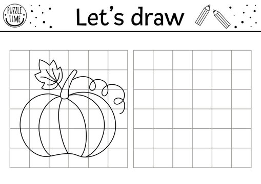 Complete the pumpkin picture. Vector garden drawing practice worksheet. Autumn Thanksgiving printable black and white activity for preschool kids. Copy the picture insect themed game.