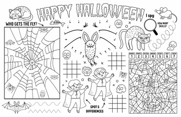 Vector Halloween placemat for kids. Fall holiday printable activity mat with maze, tic tac toe charts, connect the dots, find difference. Black and white autumn play mat or coloring page.