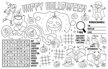 Vector Halloween placemat for kids. Fall holiday printable activity mat with maze, tic tac toe charts, connect the dots, find difference. Black and white autumn play mat or coloring page.