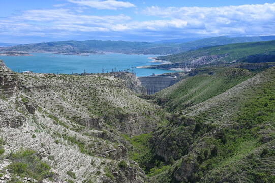 Panoramic photo of a Chirkey hydroelectric power station in Dagestan, Russia