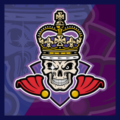 Crowned skull, skeleton king, stylized vector Illustration, template for esport gaming team logo and mascot design, or for t-shirt print, sticker, emblem.