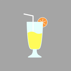 Cocktail with slice of lemon and straw flat icon. Maldives bar. Tropical drink. Isolated vector stock illustration