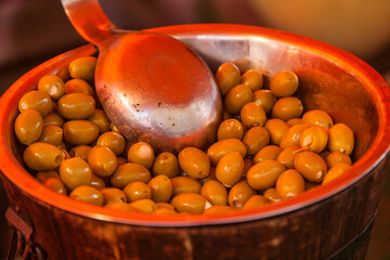 Green Olives on sale at a French market stall