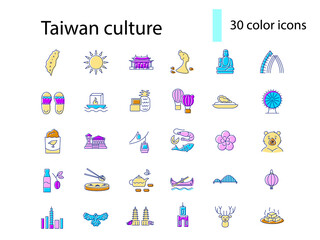 Asian culture flat icons set. Taiwanese attributes. Taiwan features. Isolated vector illustration