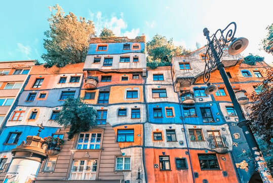Facade building in Hundertwasser Village in Vienna