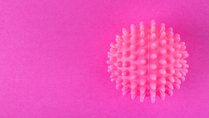 Pink laundry ball for washing machine on colorful pink background. Copy space