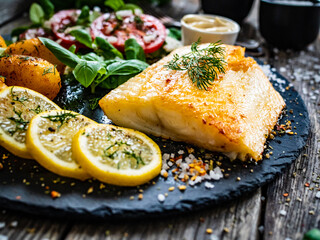 Fish dish - fried cod fillet with potatoes and vegetable salad served on stone plate on  wooden table
