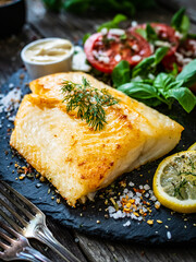 Fish dish - fried cod fillet with potatoes and vegetable salad served on stone plate on  wooden table
