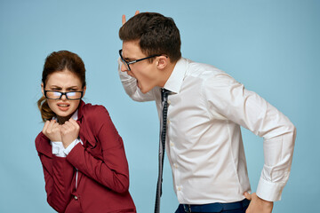 business man and woman wearing glasses emotions work officials