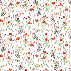 Watercolor seamless pattern with hand-drawn flowers and leaves
