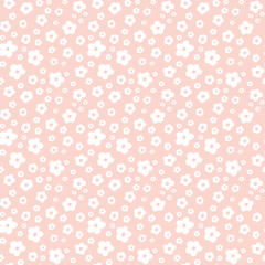 Ditsy Floral seamless pattern. Small white meadow flowers on pink beige background. Vintage Millefleur tiny wildflower. Vector texture for fashion, nursery print, textile, fabric, wrap, gift paper