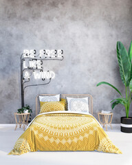 bedroom interior background, yellow bedroom, 3d render, plant and decor, be free text, shining light text
