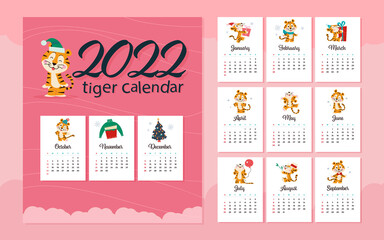 2022 new year creative monthly calendar for kids with cute funny tigers animals characters design template. Vector flat simple illustration.