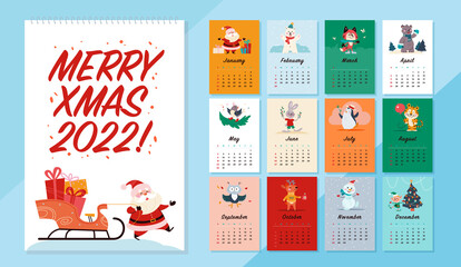 2022 new year creative monthly calendar for kids with cute funny animals and Santa characters design template. Vector flat simple hand drawn illustrations.