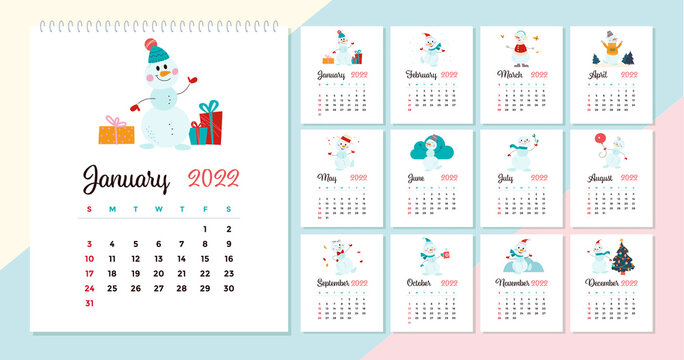 2022 New Year Creative Monthly Calendar For Kids With Different Cute Funny Snowman Characters Design Template. Vector Flat Hand Drawn Illustrations.