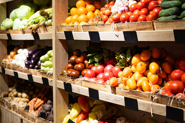 Fruit market with a variety of colorful fresh fruits and vegetables
