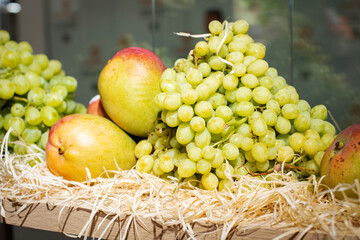 Fruit market with a variety of colorful fresh fruits and vegetables