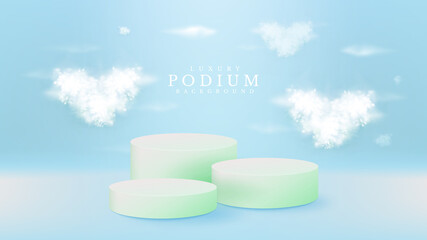 Realistic pastel green podium with heart-shaped white clouds on blue background. display stand showing product for promotion sales and marketing. 3d vector illustration.