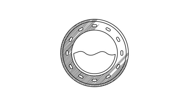 Black line Ship porthole with rivets and seascape outside icon isolated on white background. 4K Video motion graphic animation