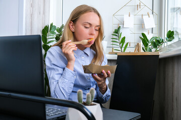 Woman holding lunch zero waste box, food delivery box with healthy meal weight loss diet menu,...