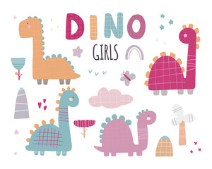 Dinosaur Girls Cute Vector Set with plants, trees, stones in trendy colors
