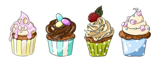 cupcake with cream. A doodle-style banner. Dessert banner. Cup cake vector. Dessert banner. Homemade white cake. Cup cakes isolated. Print for fabric, packaging, label, postcard, print.  Dessert set 