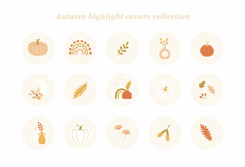 Autumn Highlight Covers collection. Trendi vector designs for posts and stories in bohemian style. Social media concept with pumpkins, leaves, vases, rainbow and fall icons.