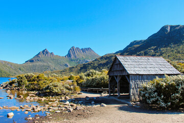 Old wooden cabin at Dove Lake, Cradle Mountain Tasmania Australia. No people.  copy space