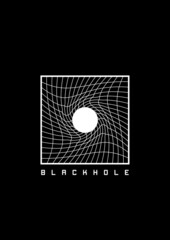 Black Hole t-shirt and apparel design with grid distorted around white circle. Illustration of the 1980s space aesthetics. Black and white print. Vector