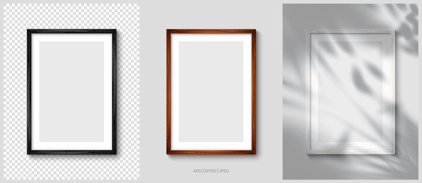 Layout of wooden picture frames (Black, White, brown) in colors. Realistic vector illustration 