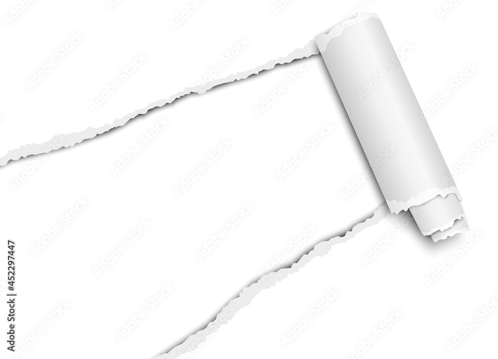 Wall mural diagonally torn hole in transparent sheet of paper from lower left corner with curl, soft shadow and