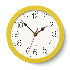 Round wall clock with yellow body isolated on white background