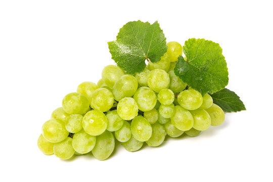 cluster of grapes with green leaves isolated on white background