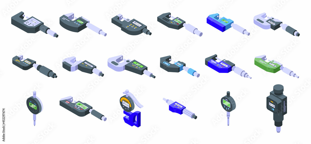Poster digital micrometer icons set isometric vector. ruler caliper. centimeter device