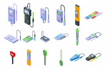 Ph meter icons set isometric vector. Acid chemical. Biology laboratory