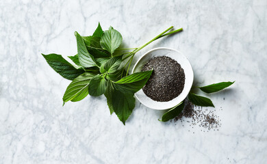 Chia seeds and chia plant leaves. Top view. Copy space